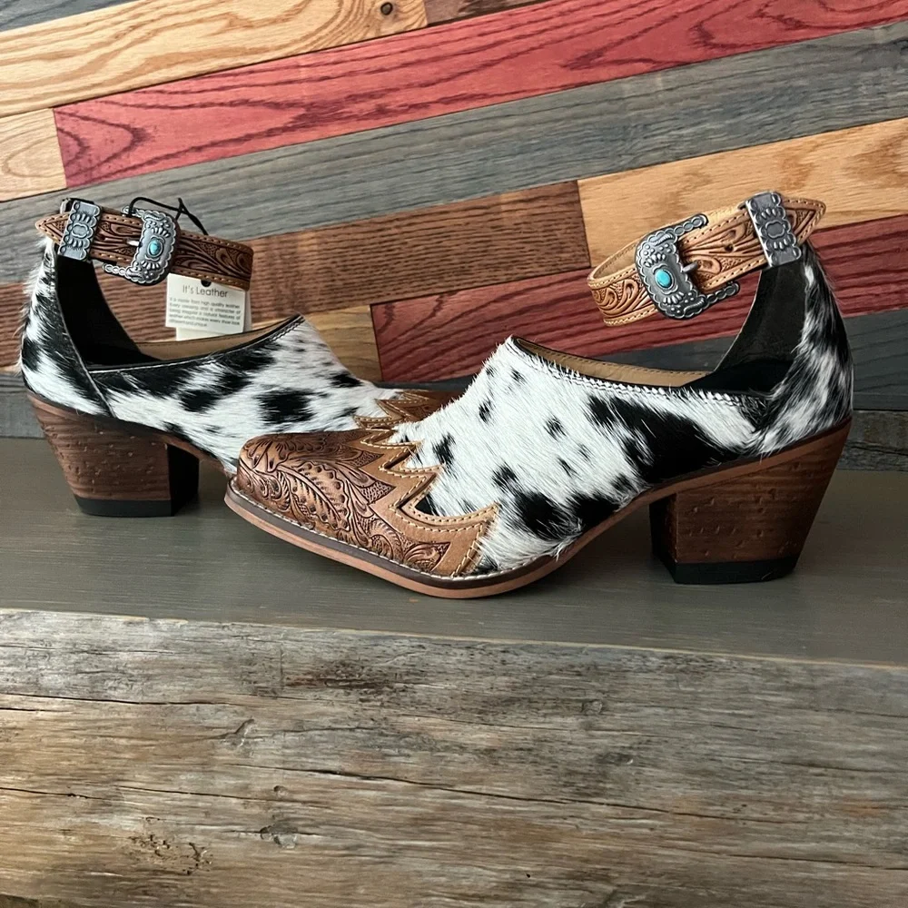 Hand-Tooled Leather strap Genuine Hide-On Women Bootie Boot Boho Western Shoe - Picture 4 of 16